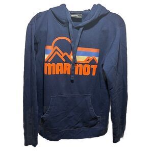 Marmot Coastal Hooded Sweatshirt Size Medium Artic Navy Blue Logo Orange Yellow